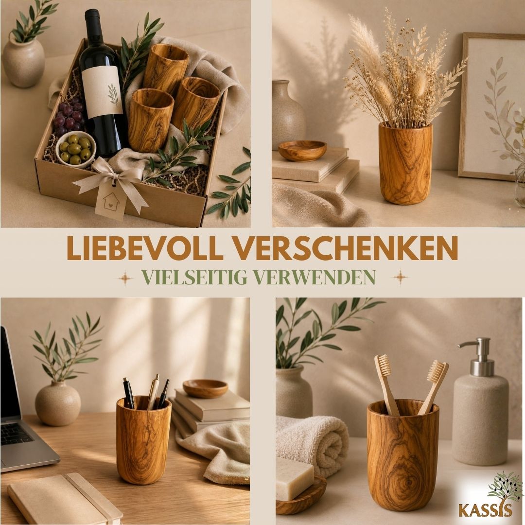 Becher aus Olivenholz | Handgefertigter Trinkbecher, Deko, Zahnputzbecher & Pinselhalter