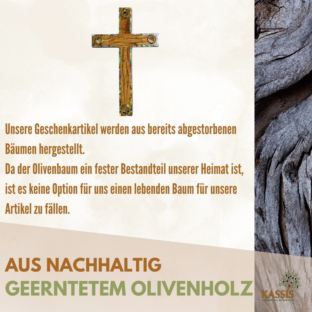 Olive wood cross with inlays from Bethlehem 25 x 15 cm | Wall cross with earth, stones, frankincense & olive leaves