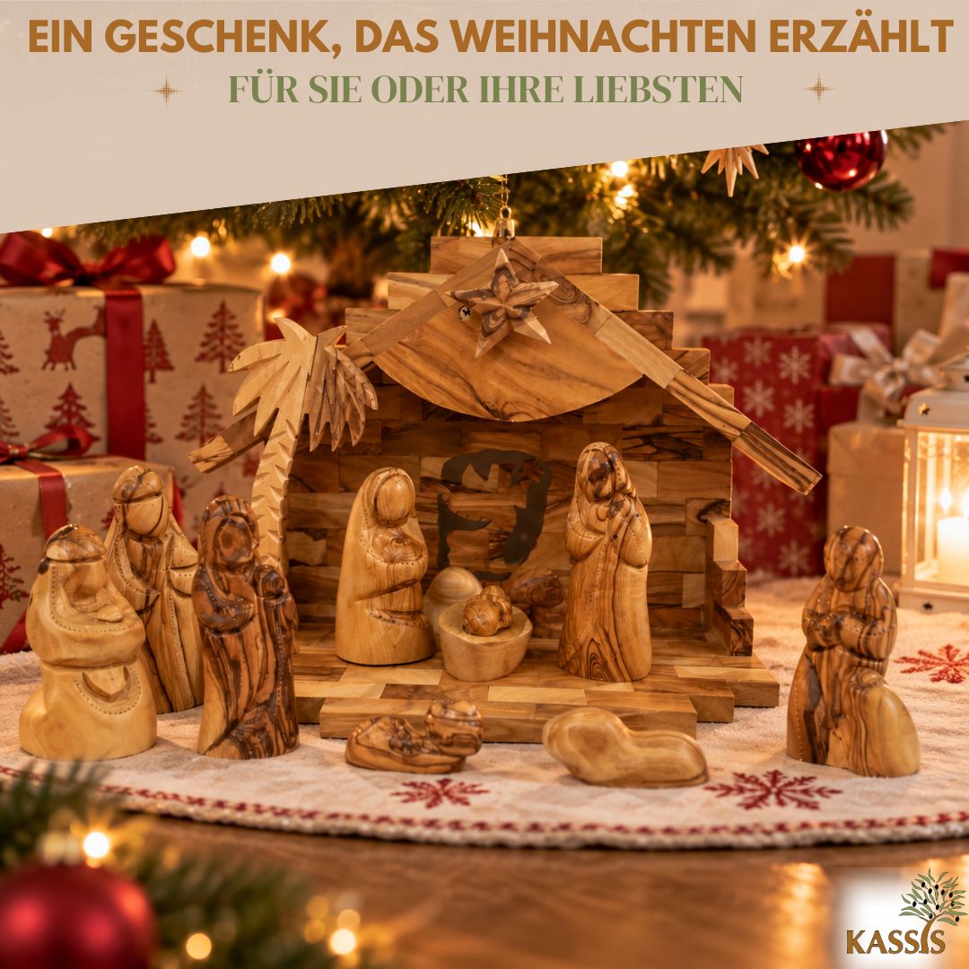 Weihnachtskrippe aus Olivenholz mit Figuren ohne Gesichter| Krippenset aus Holz
