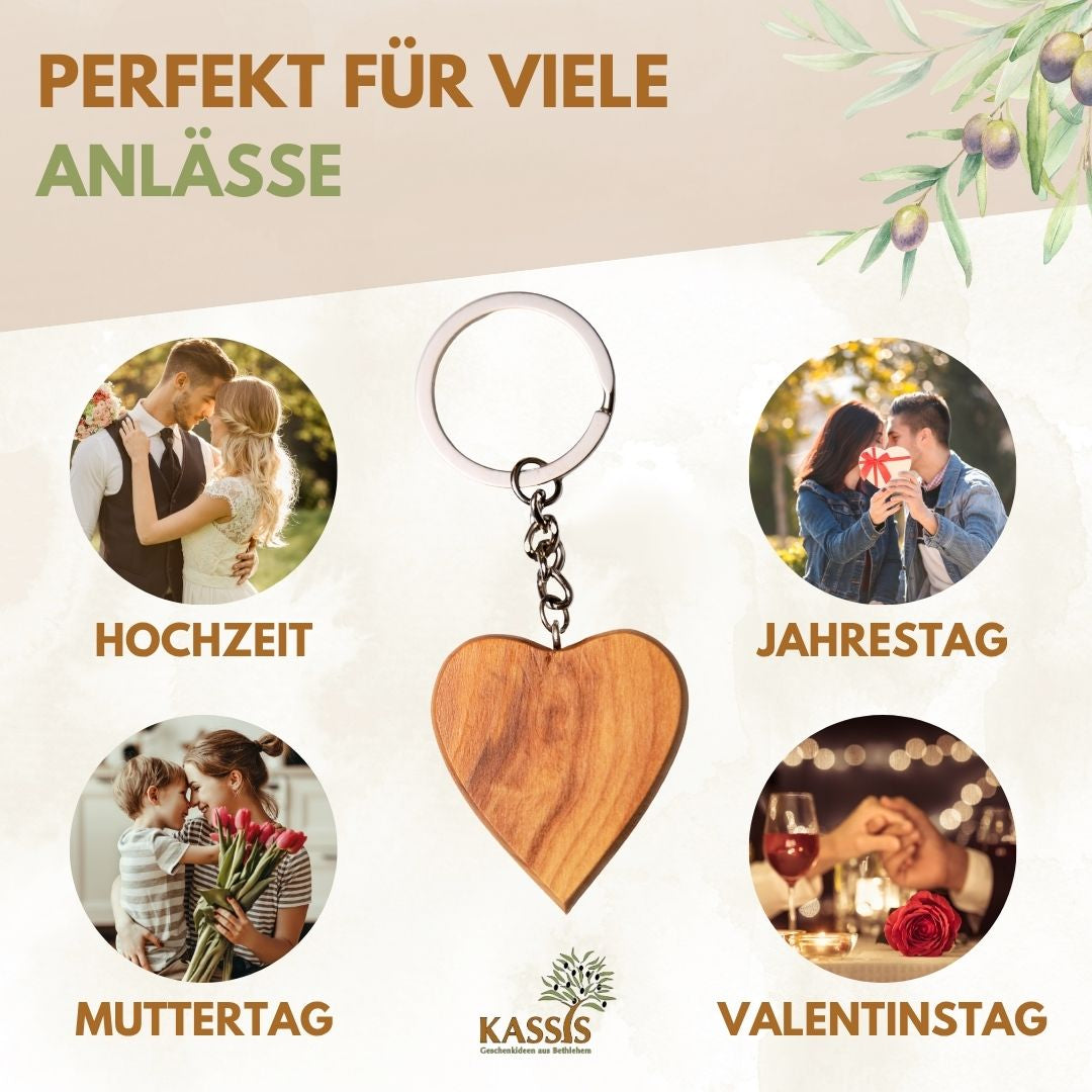 Personalized Olive Wood Heart Keychain with Engraving | Gift for Christening, Communion, Love