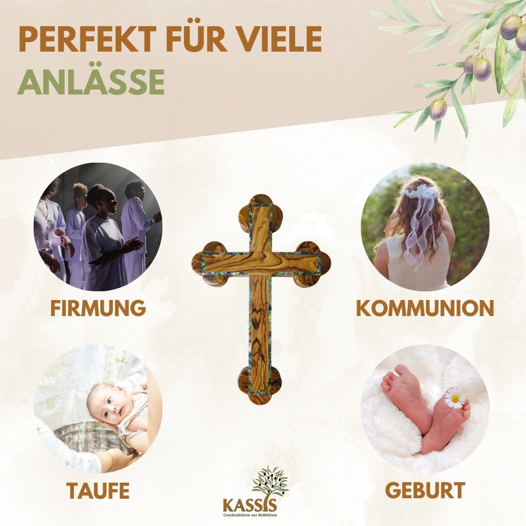 Olive Wood Cross with Mother-of-Pearl Border | Wall Cross Gift for Baptism, First Communion & Confirmation