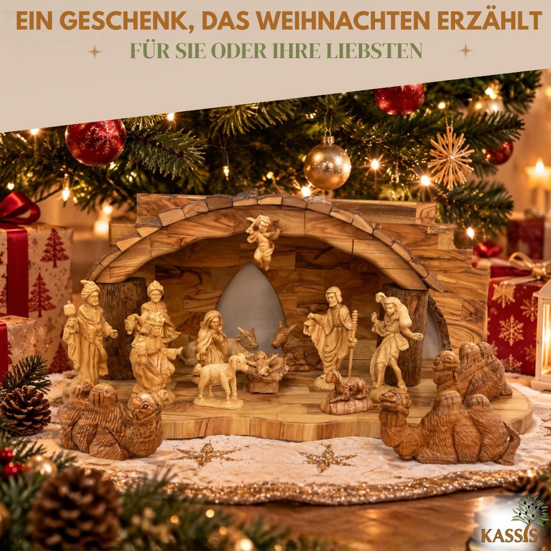 Weihnachtskrippe aus Olivenholz mit Figuren | Detailreiche Handarbeit