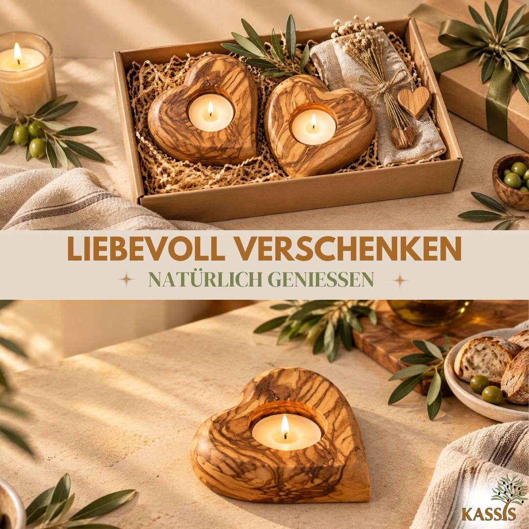 Teelichthalter Herz aus Olivenholz | Kerzenhalter & Geschenkidee