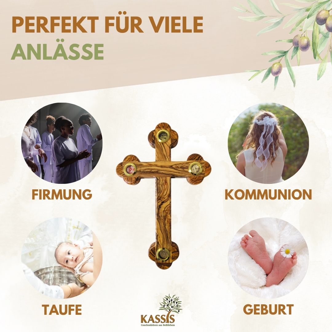 Olive Wood Cross with Bethlehem Inlays 28 × 18.5 cm | Earth, Stones, Frankincense & Olive Leaves