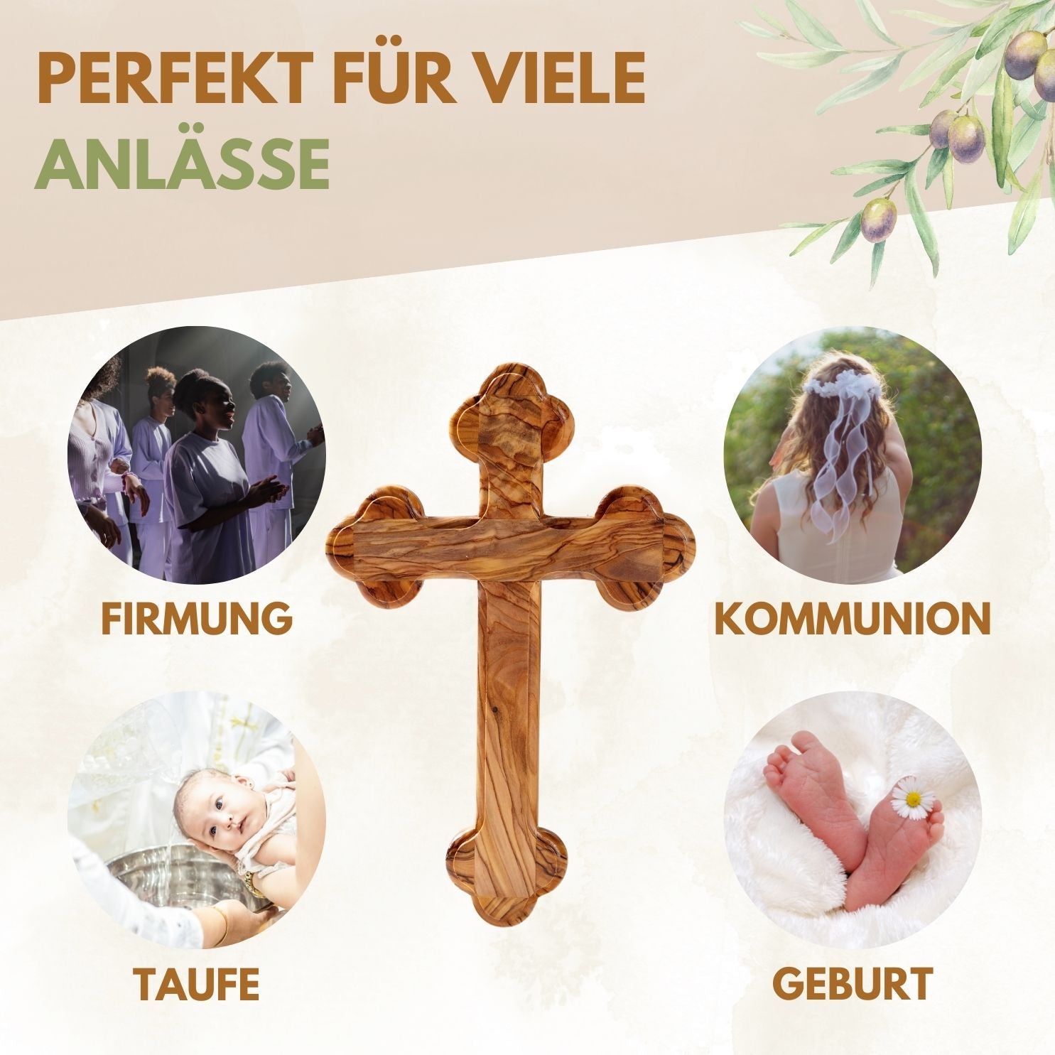 Olive Wood Cross with Rounded Edges | Wall Cross Gift for Baptism, First Communion, Confirmation