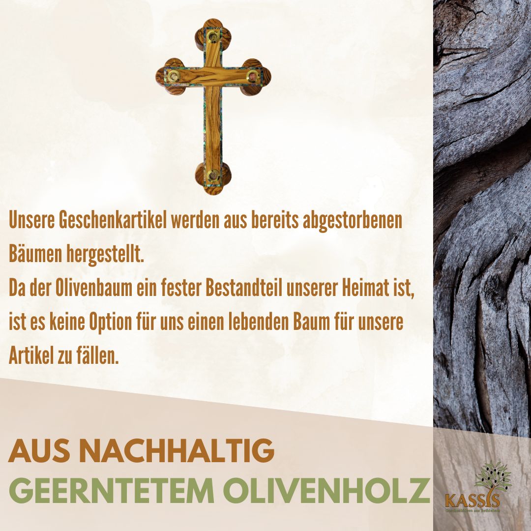 Olive Wood Cross with Mother-of-Pearl Edge & Inlays from Bethlehem 28 × 18.5 cm | Handmade from the Holy Land