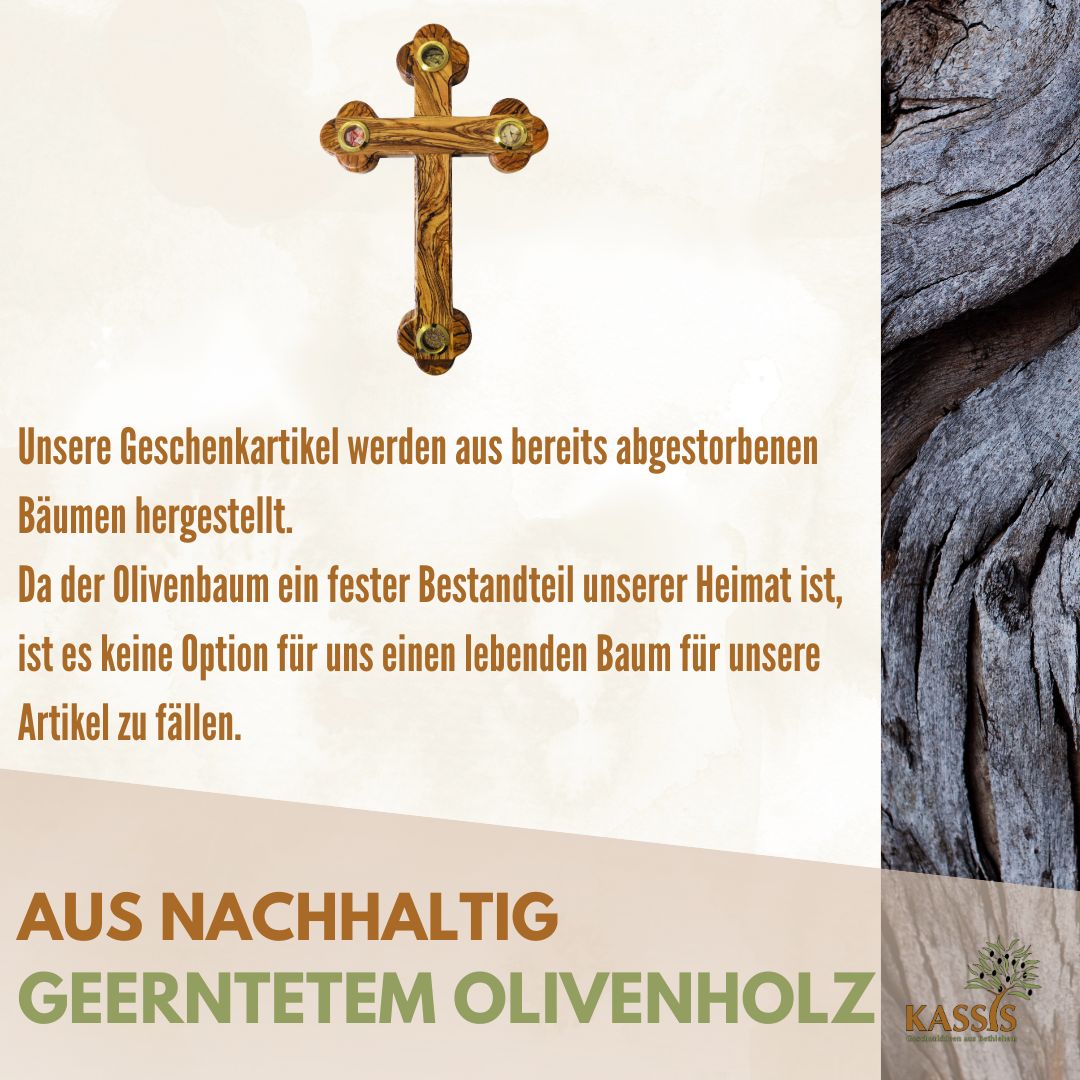 Olive Wood Cross with Bethlehem Inlays 28 × 18.5 cm | Earth, Stones, Frankincense & Olive Leaves
