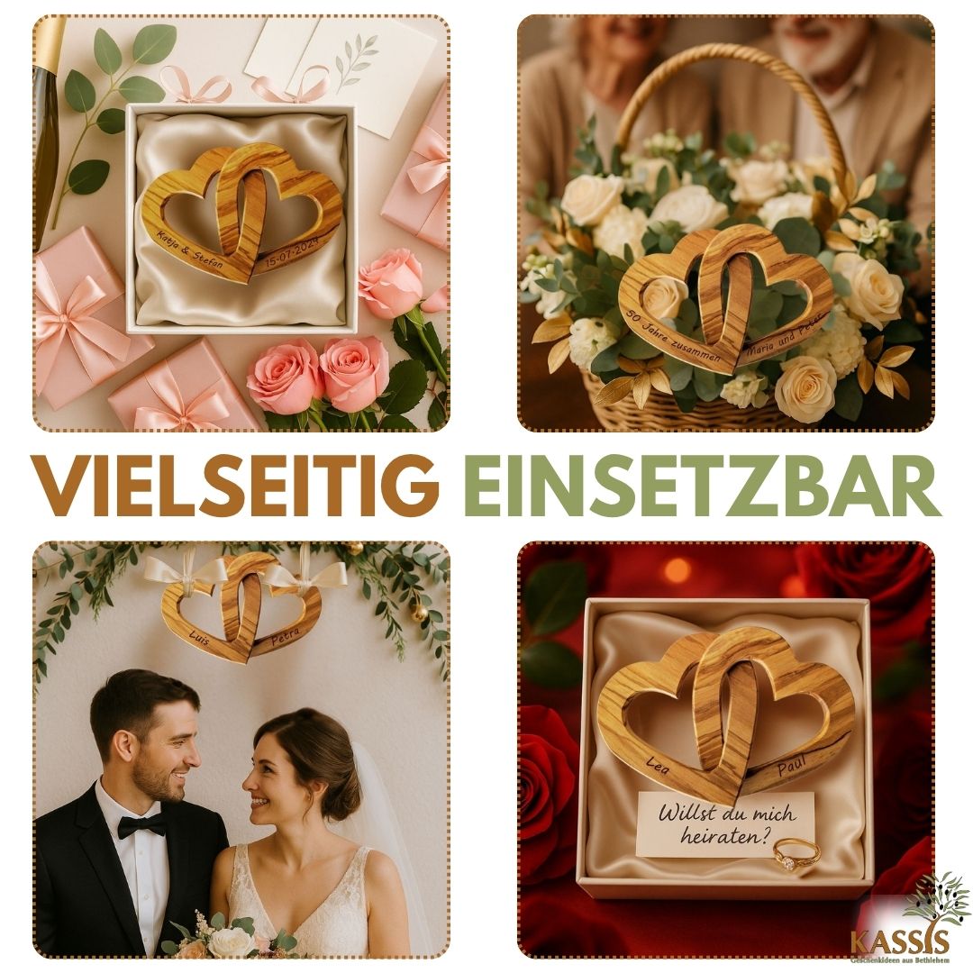 Personalized Interlocking Hearts Made of Olive Wood, 15 cm, with Engraving | Gift for a Wedding, Valentine's Day, or Anniversary