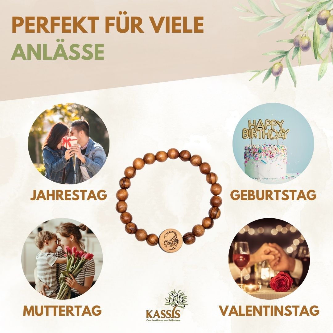 Olive Wood Bracelet with Zodiac Sign Charm | Personalized Beaded Bracelet for Women & Men, Birthday Gift