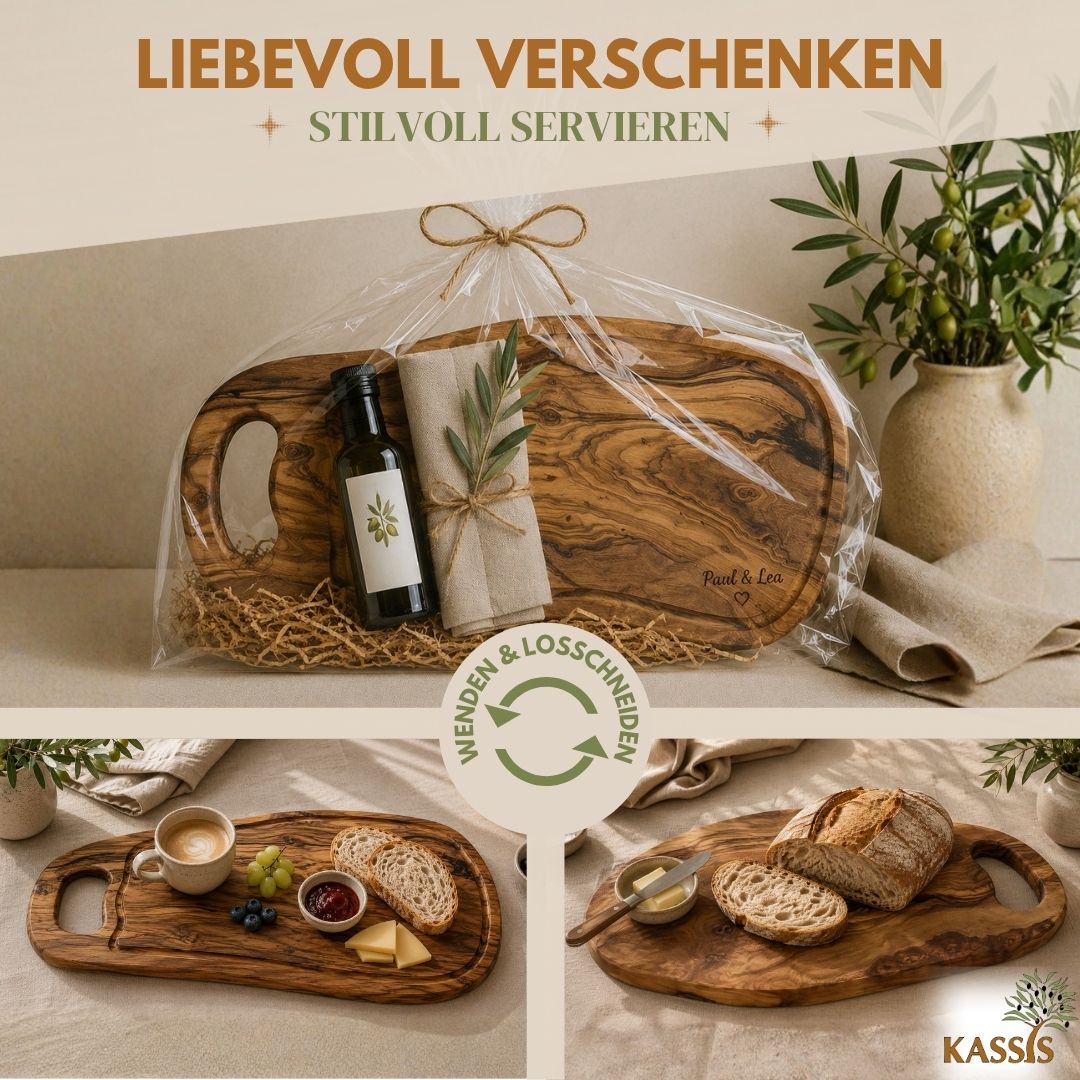 Schneidebrett aus Olivenholz mit Griff | Massives Küchenbrett zum Schneiden und Servieren