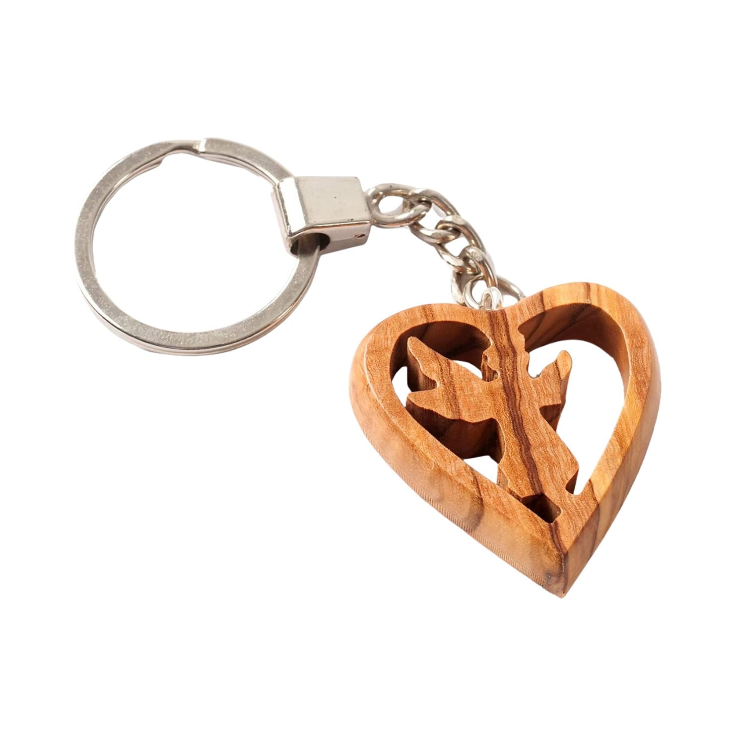Keychain Guardian Angel in Heart Made of Olive Wood | A Lovely Good-Luck Charm as a Gift for a Baptism, First Communion, or Birthday