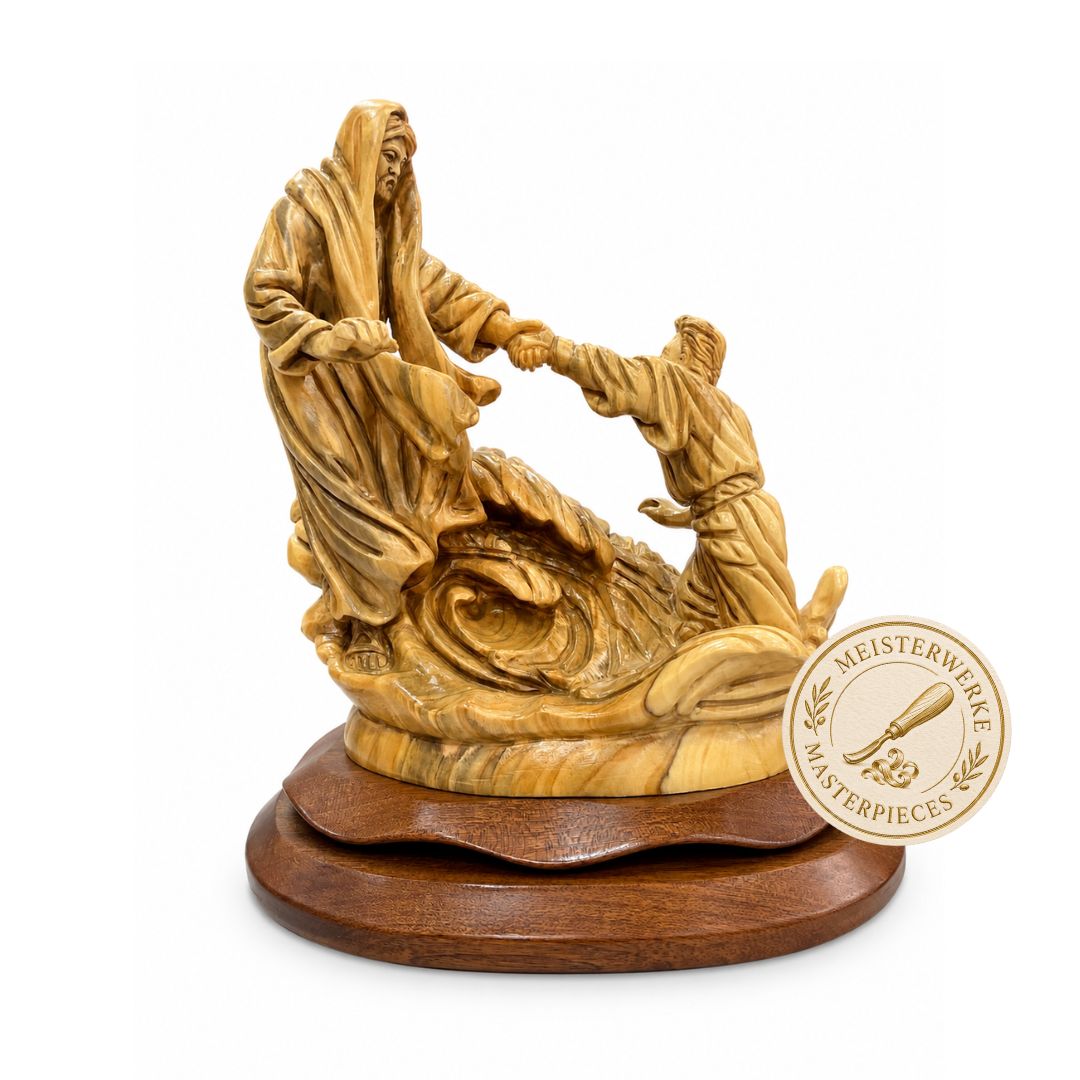 Jesus Saves Peter – Walking on Water – Handcrafted Olive Wood Sculpture from Bethlehem
