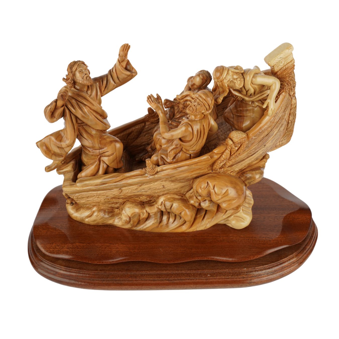 Hand-Carved Boat Scene “Jesus calms the storm” – Exclusive Olive Wood Sculpture from Bethlehem (36 cm)