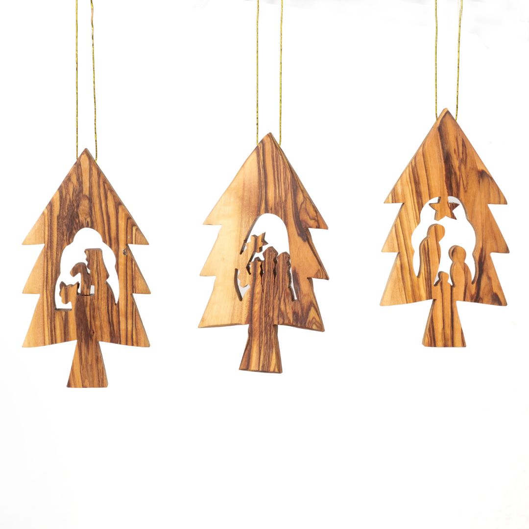 Olive Wood Nativity Scene Ornaments in a Christmas Tree, Set of 3 (without bark) | Tree Ornaments & Christmas Decorations for Advent and Christmas