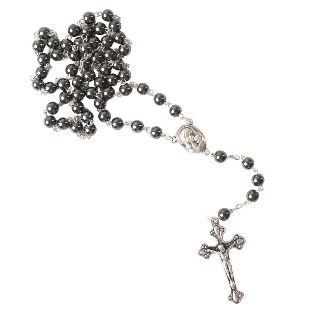 Rosary with Round Hematite Beads (42 cm) | Prayer Beads with Cross—A Gift for Baptism, First Communion, and Confirmation