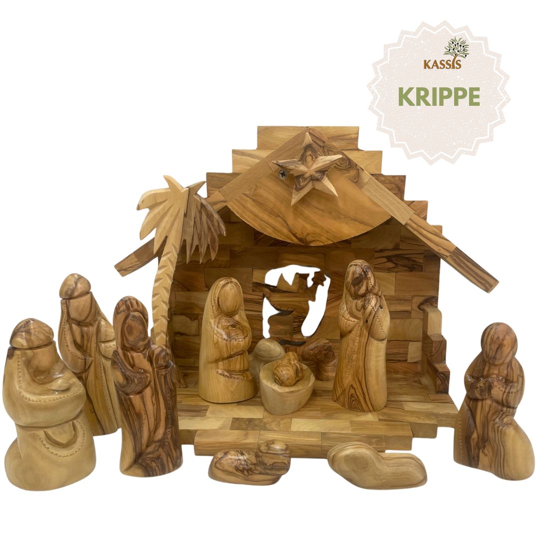 Weihnachtskrippe aus Olivenholz mit Figuren ohne Gesichter| Krippenset aus Holz