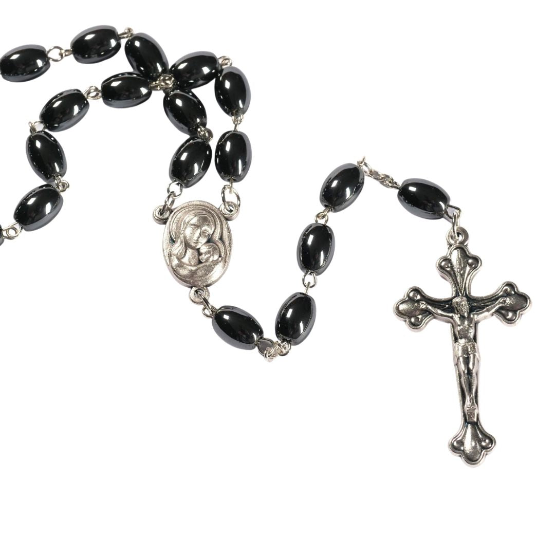 Rosary with Oval Hematite Beads (53 cm) | Prayer Beads with Metal Cross, Gift for Baptism, First Communion, and Confirmation