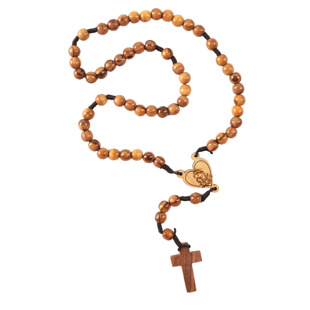 Olive Wood Rosary with Heart and Mary (42 cm) | Prayer Beads as a Gift for Baptism, First Communion, and Confirmation