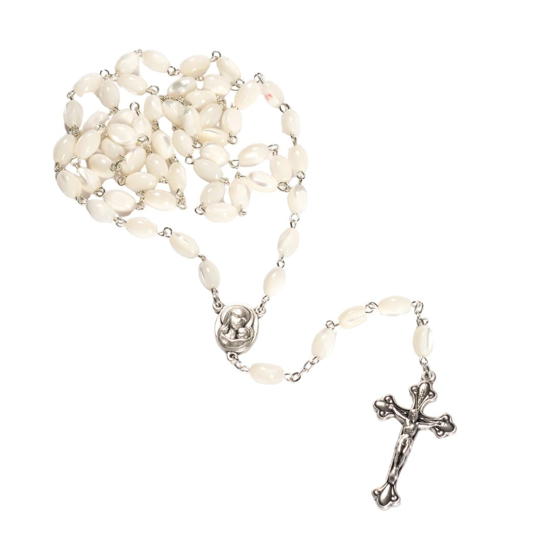 Rosary with Oval Mother-of-Pearl Beads (55 cm) | Elegant Prayer Beads with a Cross—A Perfect Gift for Baptism, First Communion, and Confirmation