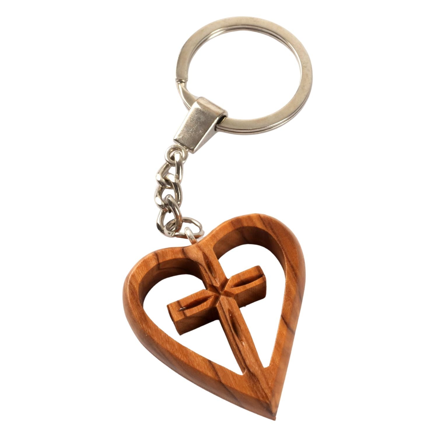 Keychain Cross in Heart Made of Olive Wood | A Lovely Good-Luck Charm as a Gift for a Baptism, First Communion, or Birthday