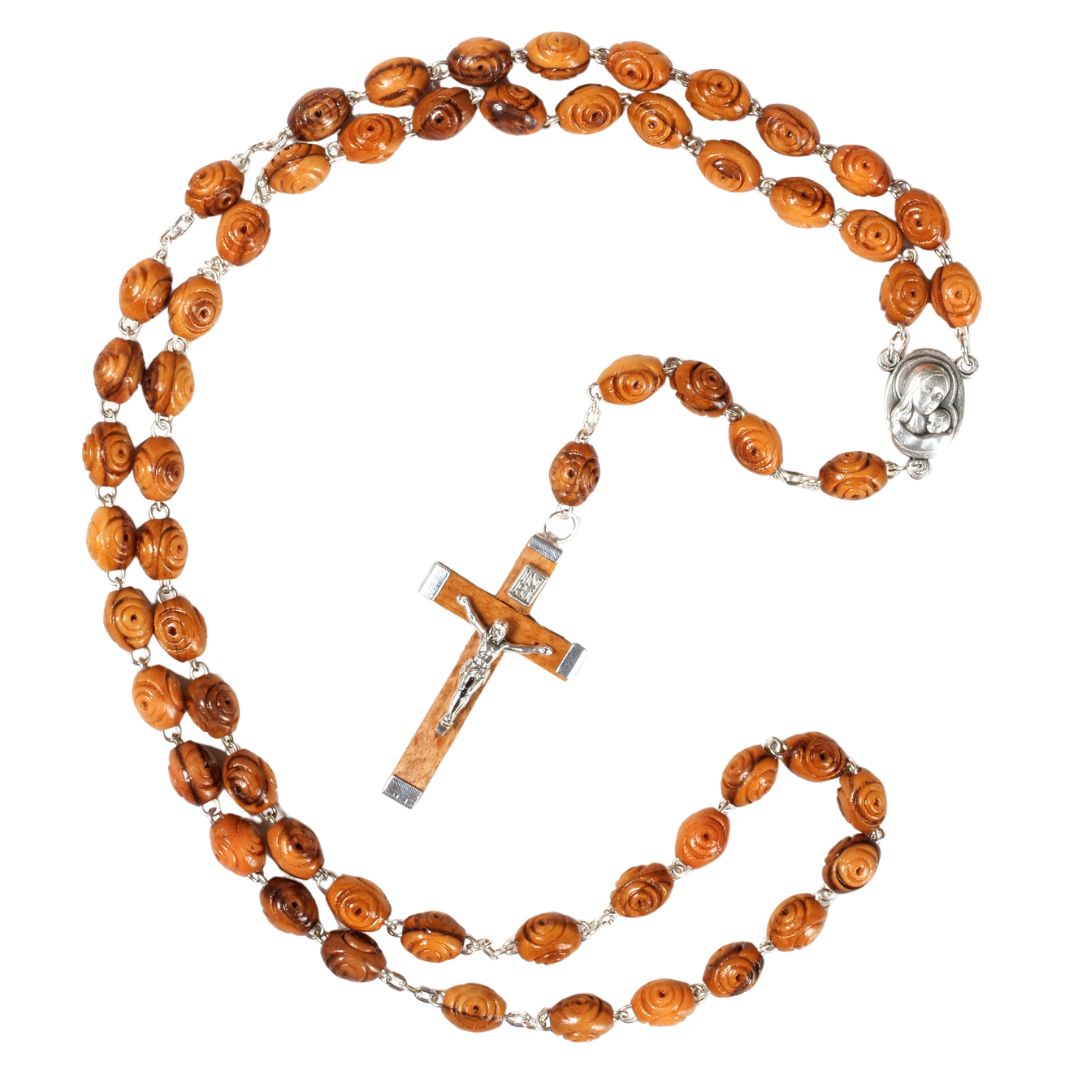 Olive Wood Rosary with Decorated Beads (50 cm) | Prayer Beads with Cross—A Gift for Baptism, First Communion, and Confirmation