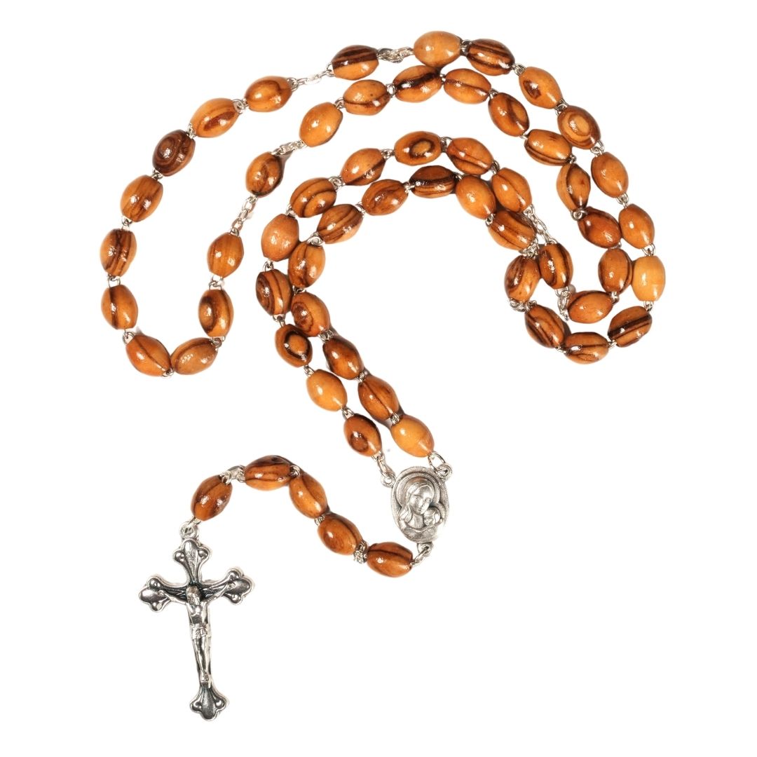 Rosary with oval olive wood beads and metal and earth elements | Prayer beads with a cross, perfect as a gift for baptism, First Communion, and Confirmation