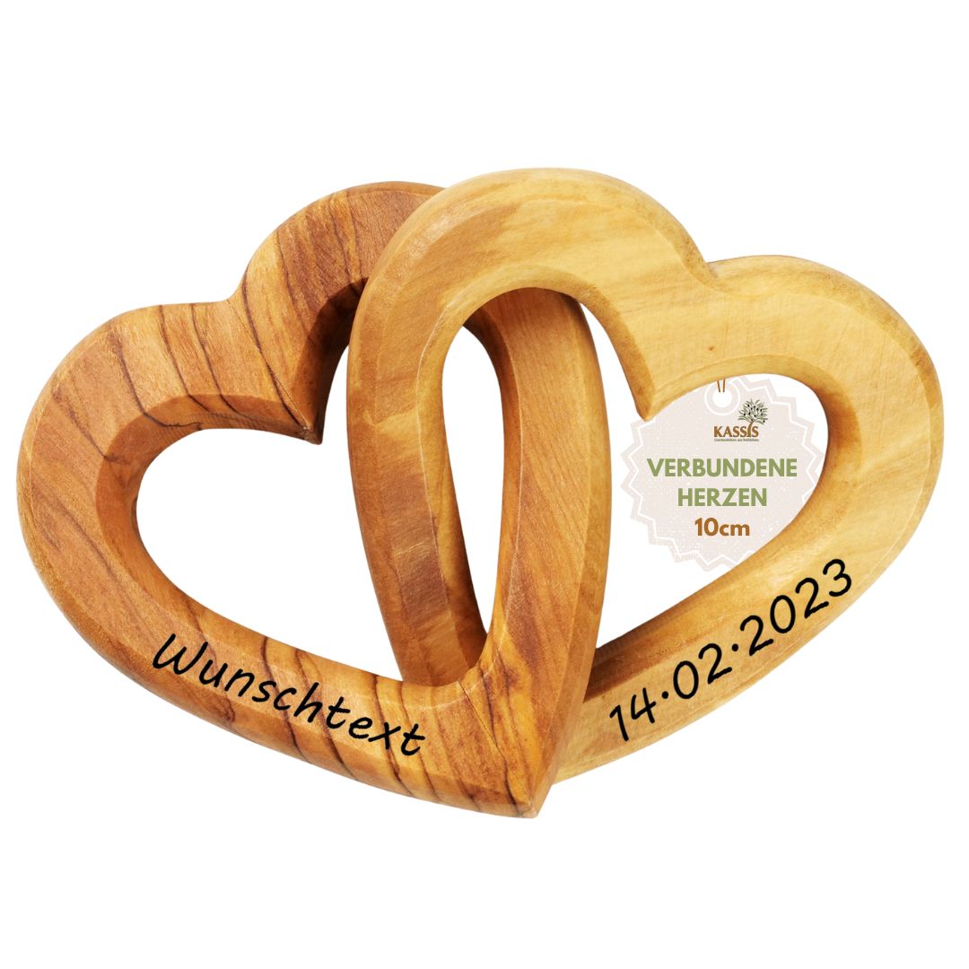 Personalized Interlocking Hearts Made of Olive Wood, 10 cm, with Engraving | Gift for a Wedding, Valentine's Day, or Anniversary