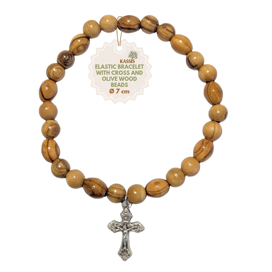 Olivenholz Armband mit Kreuz | Elastisches Perlenarmband aus Bethlehem