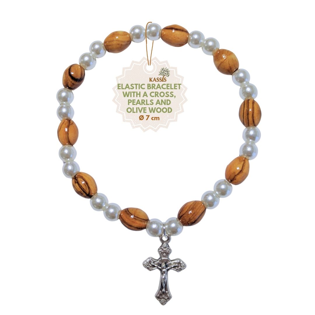 Olivenholz Armband mit Kreuz & schimmernden Perlen | Handgefertigt in Bethlehem