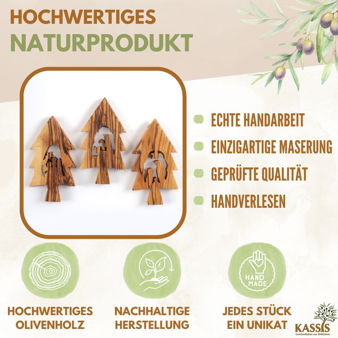 Olive Wood Nativity Scene Ornaments in a Christmas Tree, Set of 3 (without bark) | Tree Ornaments & Christmas Decorations for Advent and Christmas