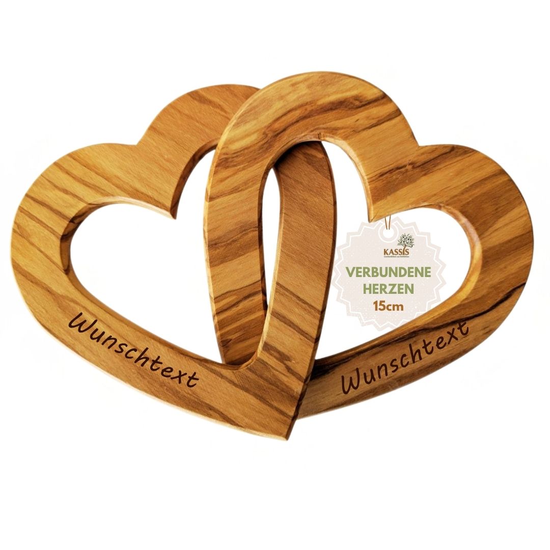 Personalized Interlocking Hearts Made of Olive Wood, 15 cm, with Engraving | Gift for a Wedding, Valentine's Day, or Anniversary