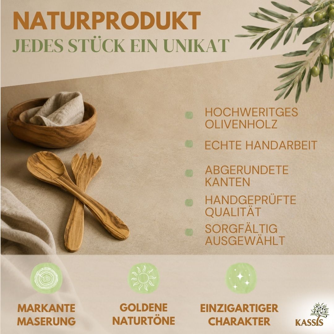 Salatbesteck aus Olivenholz 2-teilig | Salatlöffel & Salatgabel aus Holz Handgefertigtes Servierbesteck
