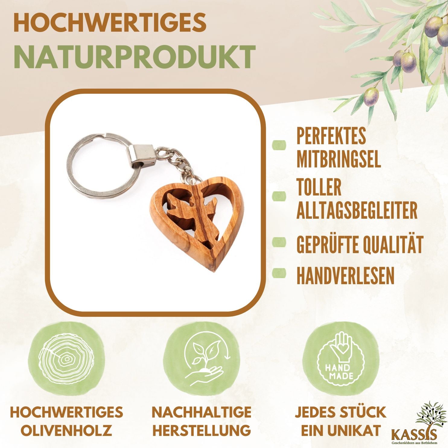 Keychain Guardian Angel in Heart Made of Olive Wood | A Lovely Good-Luck Charm as a Gift for a Baptism, First Communion, or Birthday
