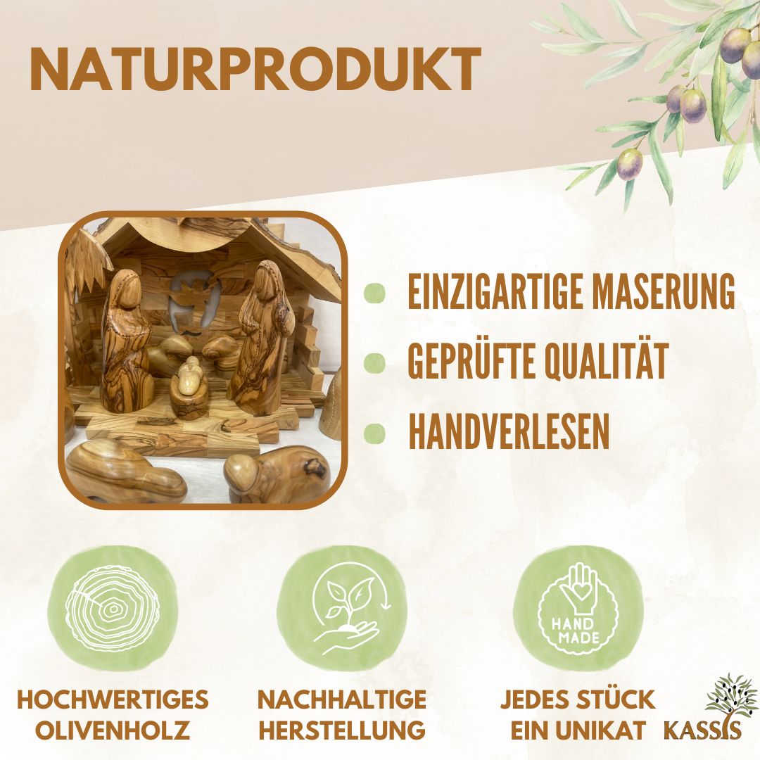 Weihnachtskrippe aus Olivenholz mit Figuren ohne Gesichter (mittelgroß)| Krippenset aus Holz