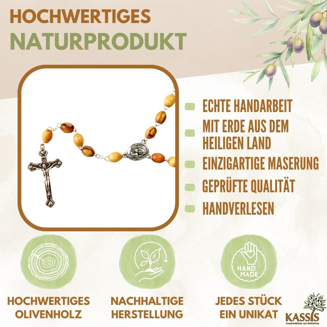 Rosary with oval olive wood beads and metal and earth elements | Prayer beads with a cross, perfect as a gift for baptism, First Communion, and Confirmation