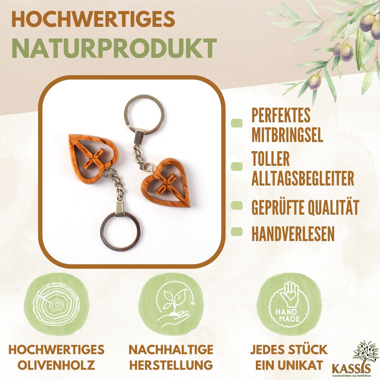 Keychain Cross in Heart Made of Olive Wood | A Lovely Good-Luck Charm as a Gift for a Baptism, First Communion, or Birthday
