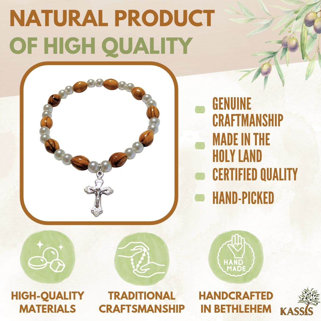 Olivenholz Armband mit Kreuz & schimmernden Perlen | Handgefertigt in Bethlehem