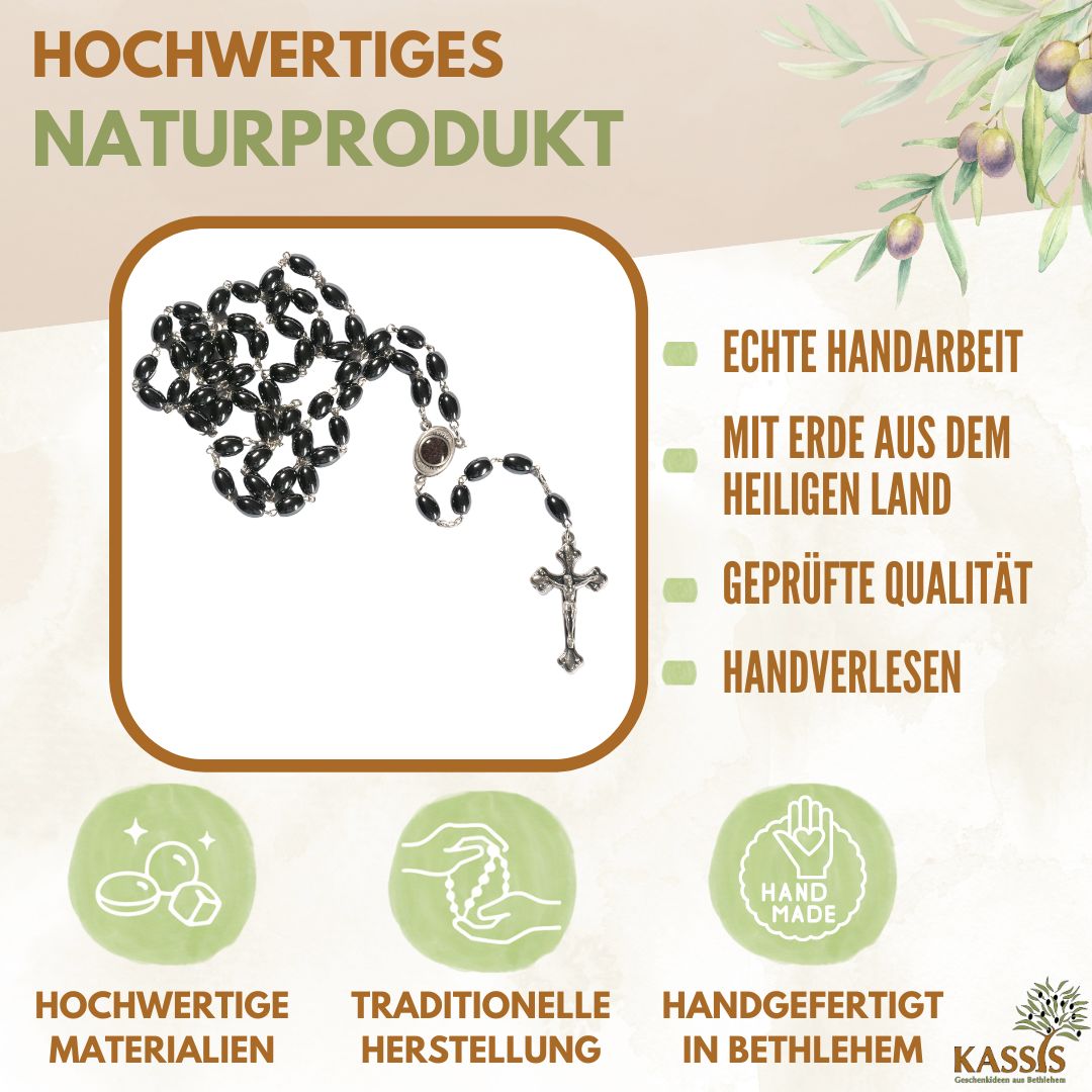 Rosary with Oval Hematite Beads (53 cm) | Prayer Beads with Metal Cross, Gift for Baptism, First Communion, and Confirmation