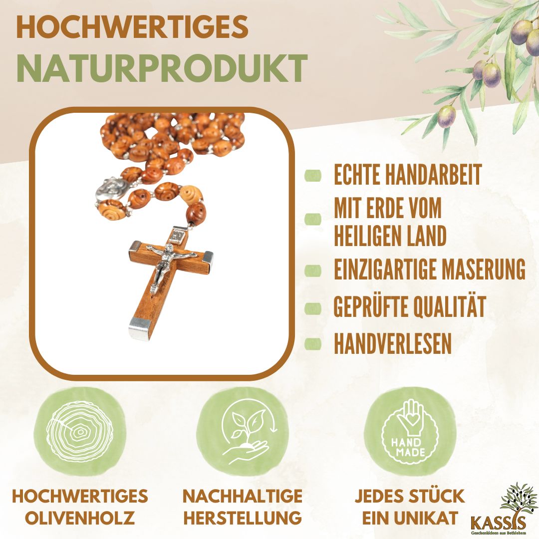 Olive Wood Rosary with Decorated Beads (50 cm) | Prayer Beads with Cross—A Gift for Baptism, First Communion, and Confirmation