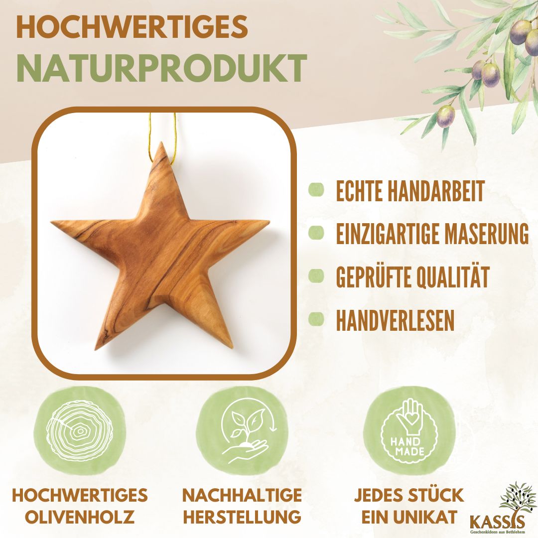 Personalized Olive Wood Star Pendant with Engraving, 8 cm | Tree Ornaments & Christmas Decorations
