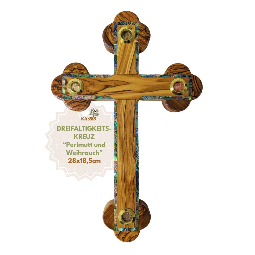 Olive Wood Cross with Mother-of-Pearl Edge & Inlays from Bethlehem 28 × 18.5 cm | Handmade from the Holy Land