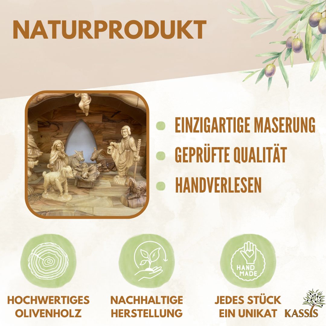 Weihnachtskrippe aus Olivenholz mit Figuren | Detailreiche Handarbeit