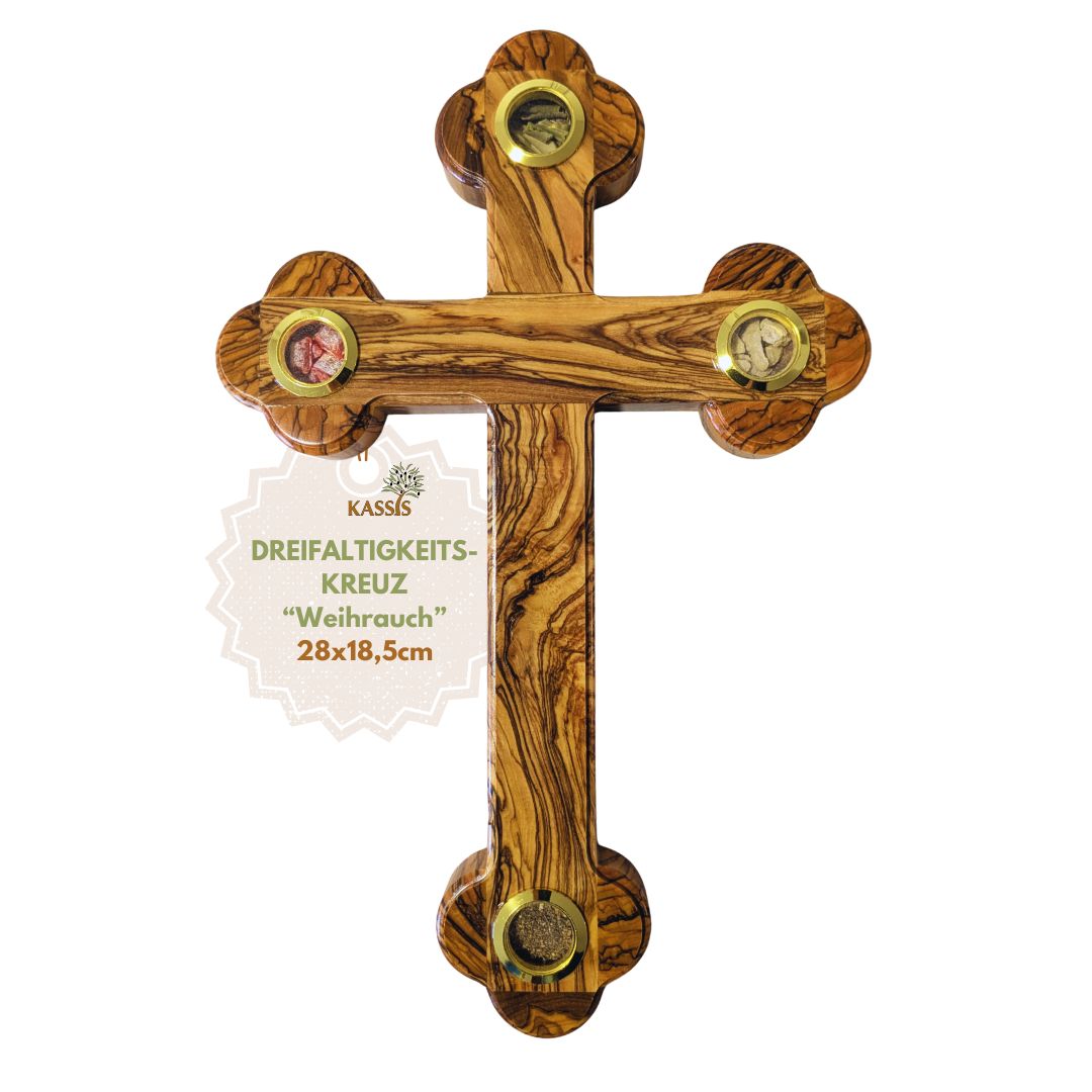 Olive Wood Cross with Bethlehem Inlays 28 × 18.5 cm | Earth, Stones, Frankincense & Olive Leaves