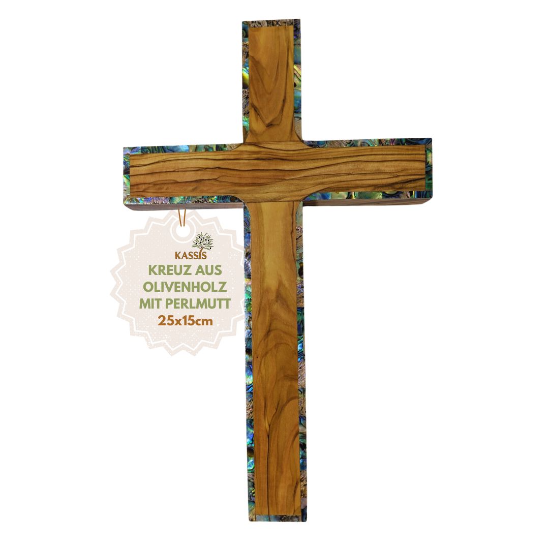 Olive Wood Cross with Mother-of-Pearl Border 25 x 15 cm | Simple Wall Cross Handcrafted in Bethlehem