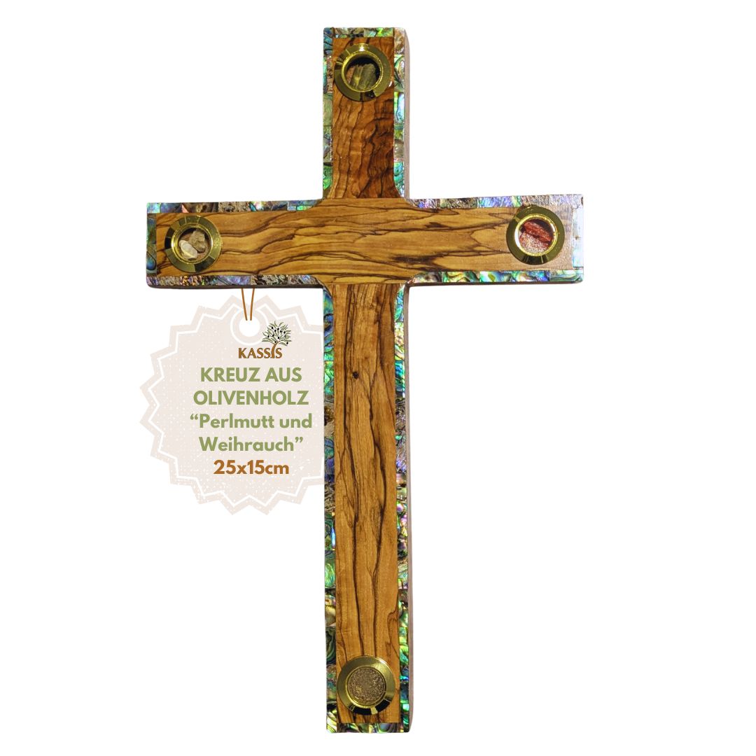 Olive wood cross with inlays from Bethlehem 25 x 15 cm | Wall cross with earth, stones, frankincense & olive leaves