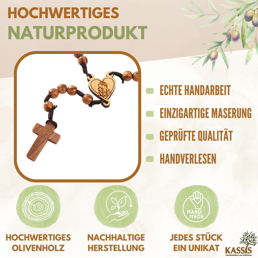 Olive Wood Rosary with Heart and Mary (42 cm) | Prayer Beads as a Gift for Baptism, First Communion, and Confirmation