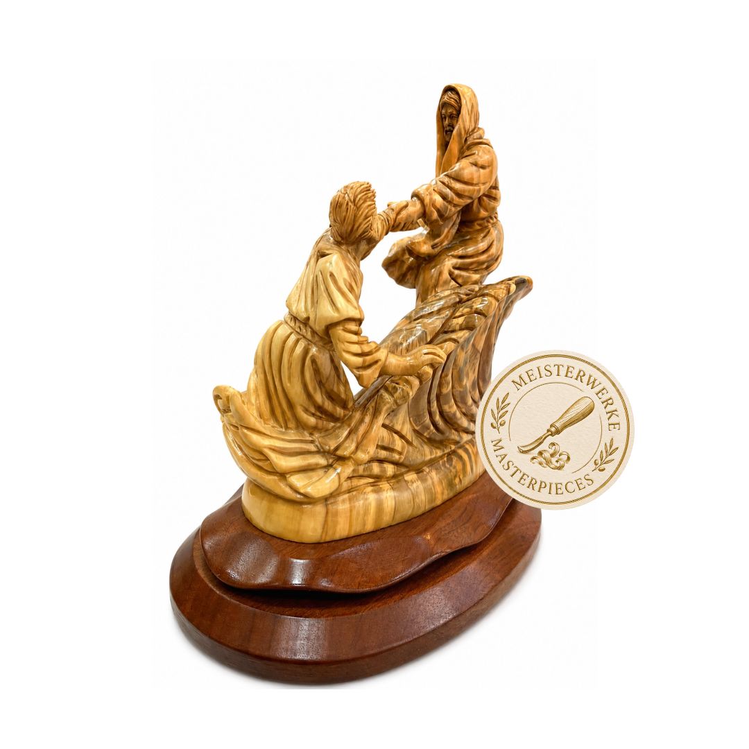 Jesus Saves Peter – Walking on Water – Handcrafted Olive Wood Sculpture from Bethlehem