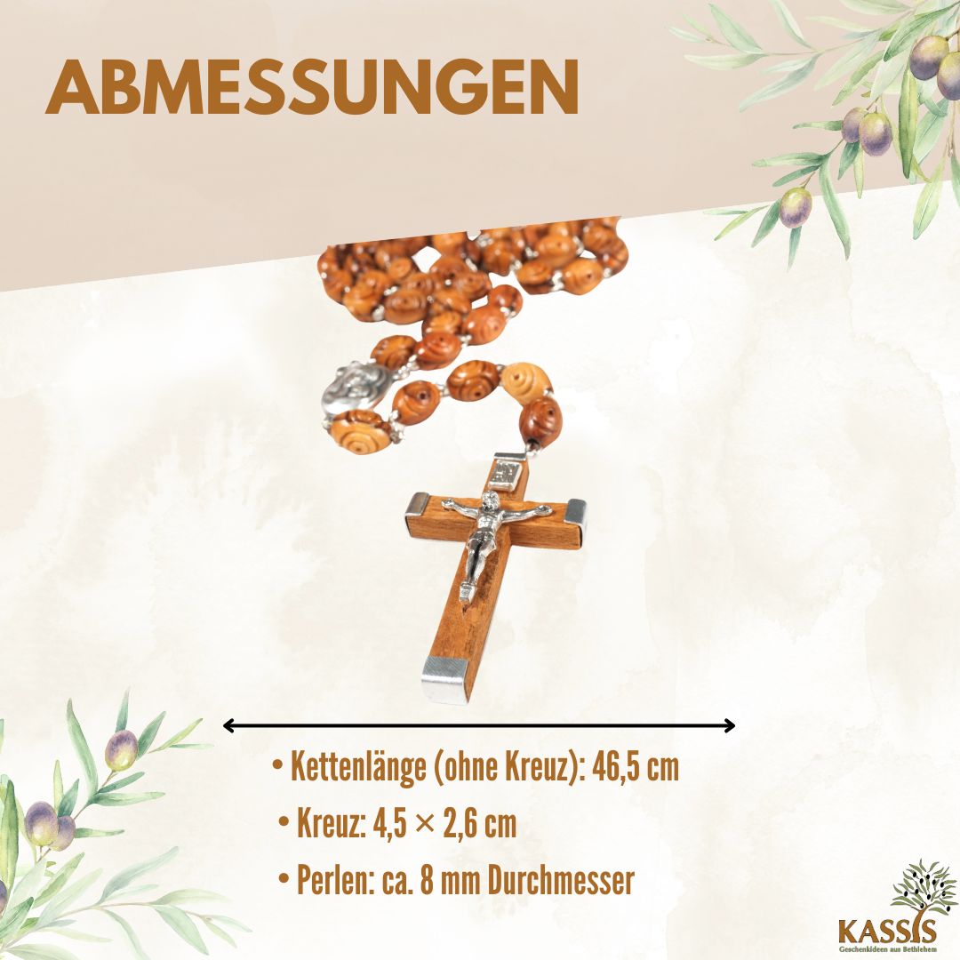 Olive Wood Rosary with Decorated Beads (50 cm) | Prayer Beads with Cross—A Gift for Baptism, First Communion, and Confirmation