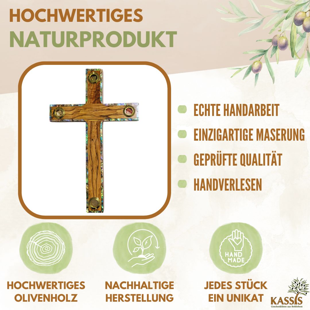 Olive wood cross with inlays from Bethlehem 25 x 15 cm | Wall cross with earth, stones, frankincense & olive leaves