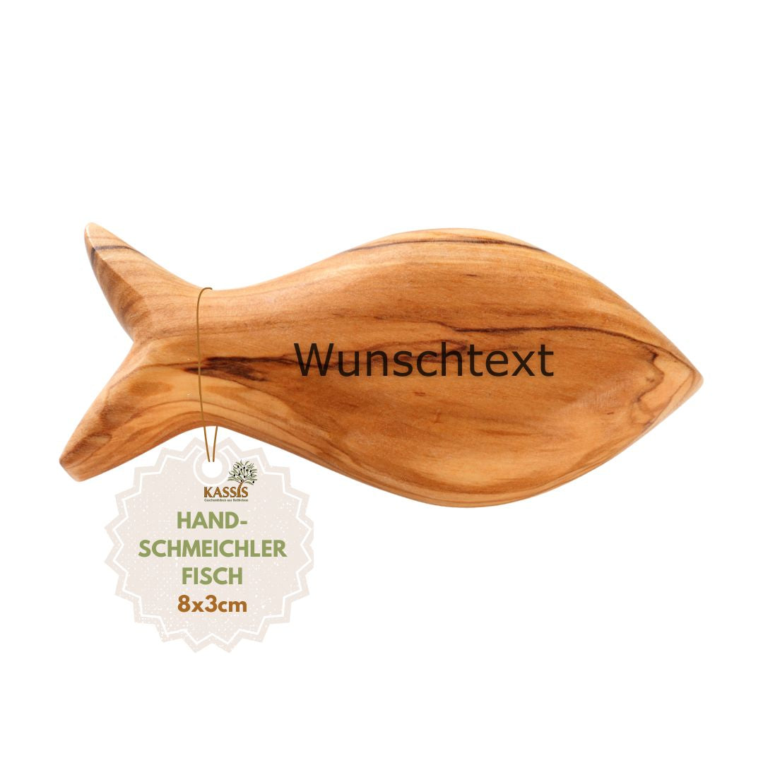 Personalized Fish Worry Stone made of Olive Wood with Engraving | Gift for Baptism, Communion, Confirmation